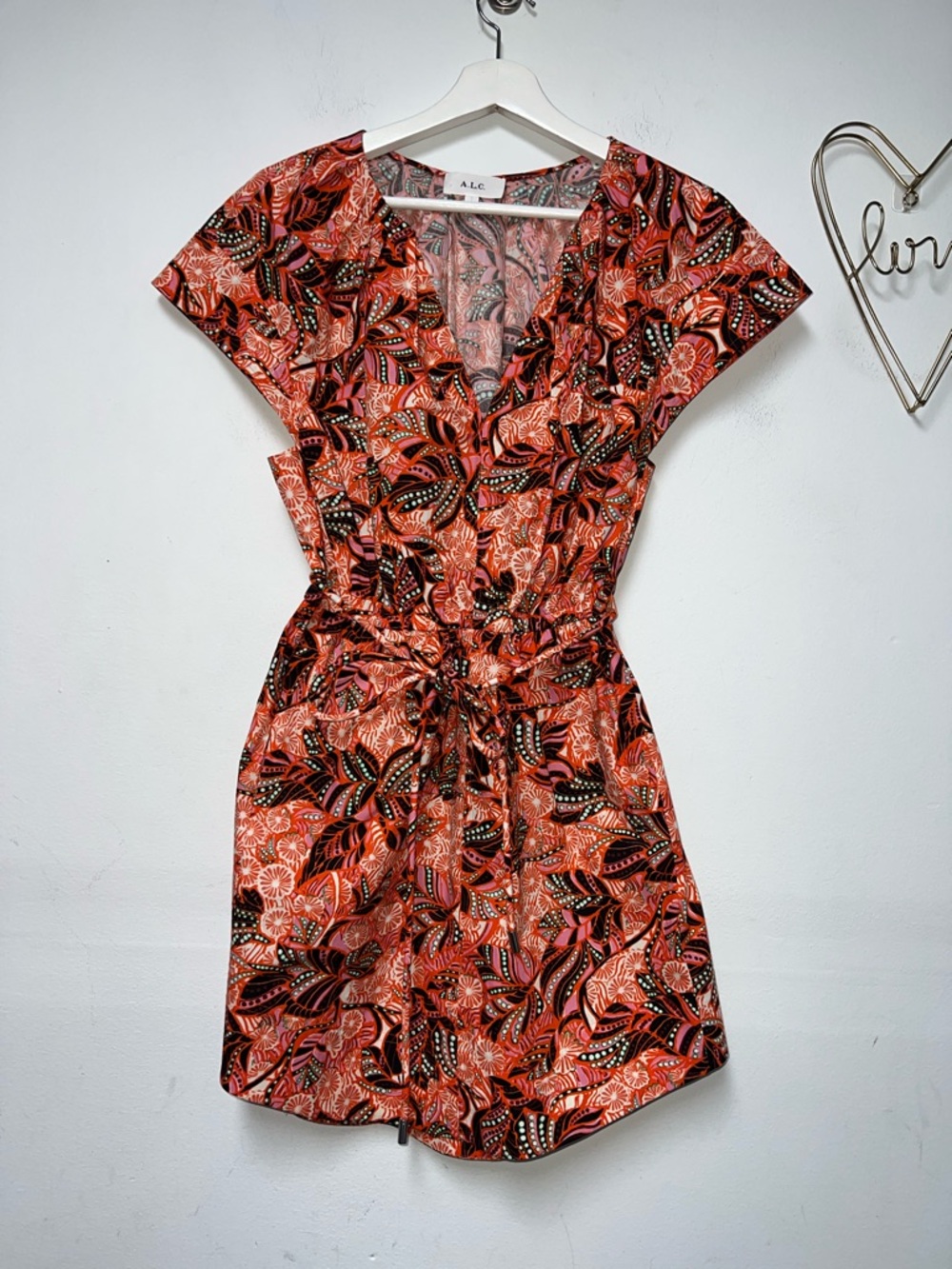 A.L.C. Alice dress orange-Pink Print V-Neck Drawstring Mini Dress size 4 - Picture 4 of 11